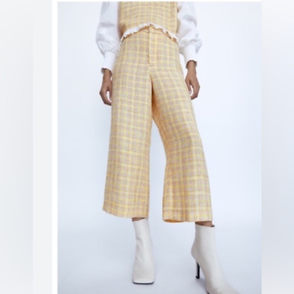 ZARA TWEED TROUSER Cropped Pants Wide Leg Culottes Large Womens Knit Yellow - Picture 15 of 15
